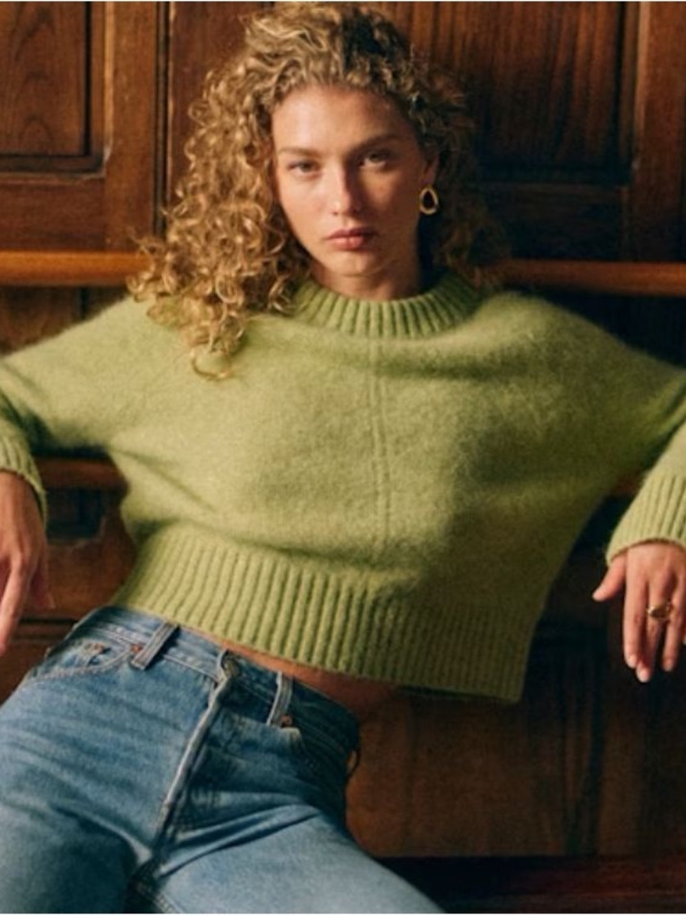 Sezane Green Fuzzy Crewneck Sweater